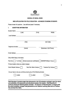 Fillable Online gvsu Advanced Standing MSW Field Education Application ...