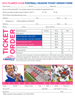 2012 Flames Club Football Season Ticket Order Form