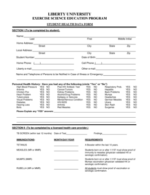 Liberty University Student Health Data Form