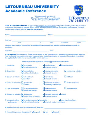 LeTourneau University Academic Reference Form