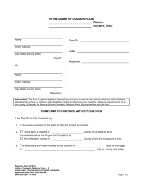 Ohio Complaint for Divorce Without Children