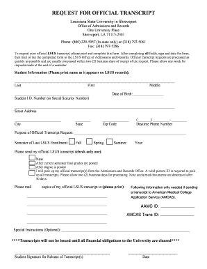 Louisiana State University Transcript Request Form