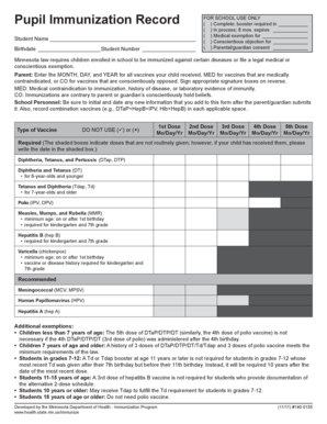 Minnesota School Immunization Record Form