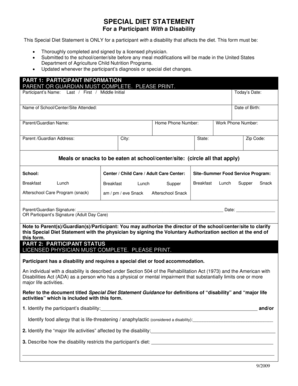 Special Diet Statement for Disabled Participants