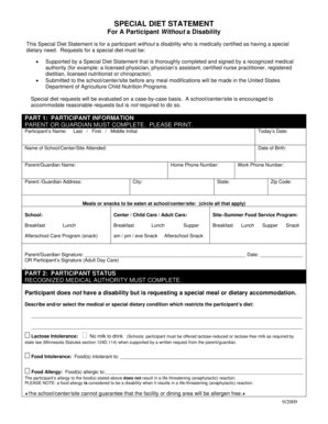 Special Diet Statement for USDA Child Nutrition Programs