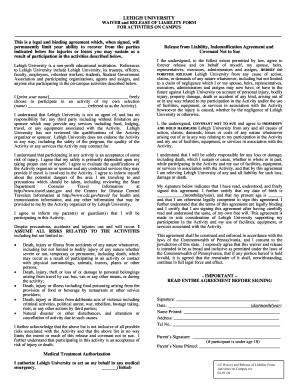 Accident liability release form - LEHIGH UNIVERSITY WAIVER and RELEASE OF LIABILITY FORM FOR ... - lehigh