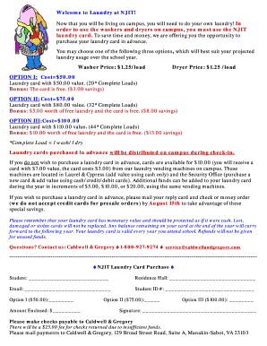 NJIT Laundry Card Purchase Form