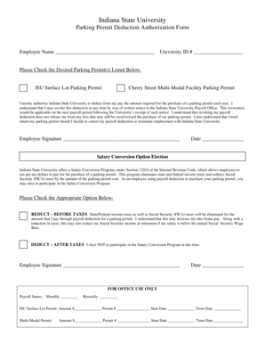 Indiana State University Parking Permit Deduction Authorization Form