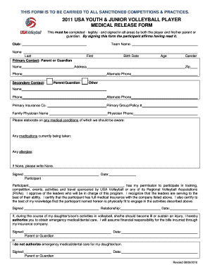 2011 USA Youth Junior Volleyball Player Medical Release Form