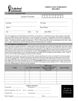2012-2013 Verification Worksheet
