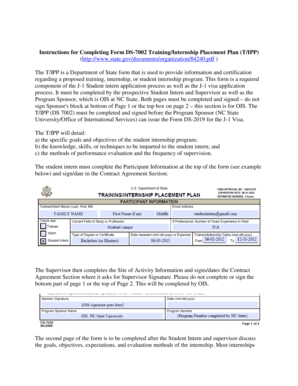 Form DS-7002 Training Internship Placement Plan