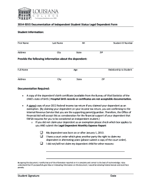 2014-2015 Independent Student Status Legal Dependent Form