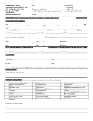 Louisiana College Health History Record Form