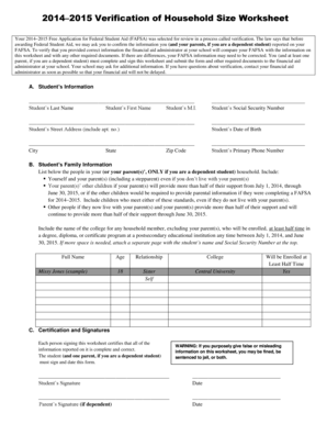 2014–2015 Verification of Household Size Worksheet