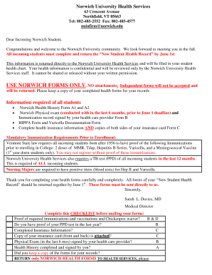Norwich University New Student Health Record