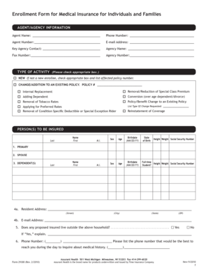 Enrollment Form for Medical Insurance
