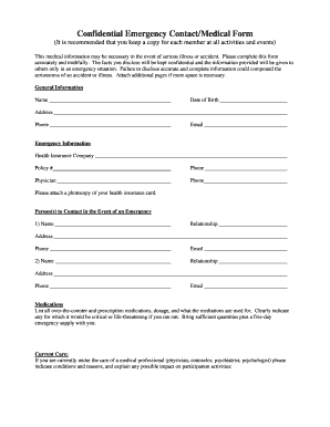 Confidential Emergency Contact Medical Form