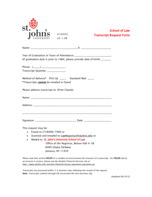 St. John's University School of Law Transcript Request Form
