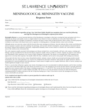 New York Meningococcal Meningitis Vaccine Response Form