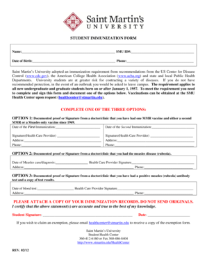 Student immunization form - Saint Martin's University - stmartin