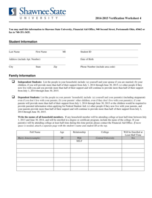 2014-2015 Verification Worksheet 4 You may mail this information to Shawnee State University, Financial Aid Office, 940 Second Street, Portsmouth Ohio, 45662 or fax to 740-351-3435 - shawnee