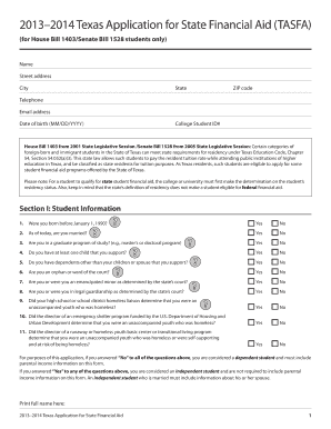 2013–2014 Texas Application for State Financial Aid (TASFA)