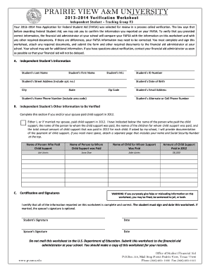 FAFSA Verification Worksheet