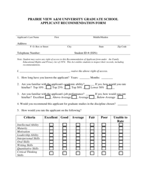 Prairie View A&M University Graduate School Recommendation Form