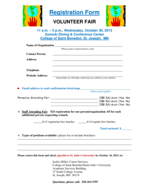 Fillable Online csbsju Registration Form VOLUNTEER FAIR - College of ...