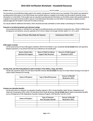 2014-2015 Verification Worksheet - Household Resources
