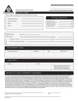 Tahoe Donner Day Camps Waiver Form