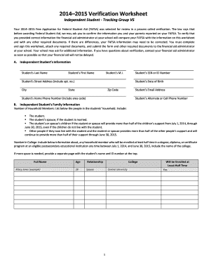 2014–2015 Verification Worksheet for Independent Student