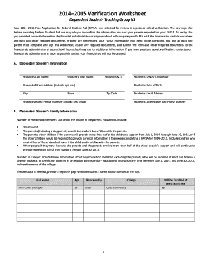 2014–2015 Verification Worksheet for Dependent Student