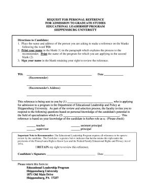 Request for Personal Reference for Graduate Studies