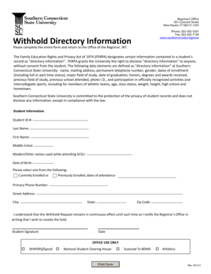 FERPA Directory Information Withholding Form