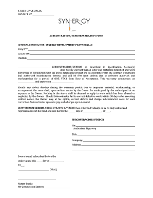 Georgia Subcontractor/Vendor Warranty Form