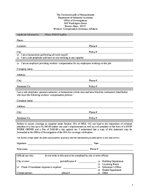 Massachusetts Workers’ Compensation Insurance Affidavit