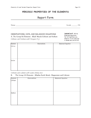 Chemistry 111 Lab Periodic Properties Report Form