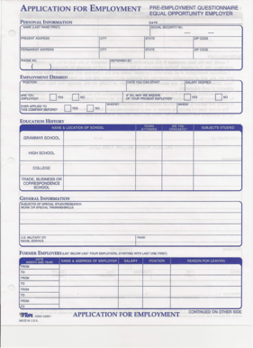 Application for Employment Pre-Employment Questionnaire