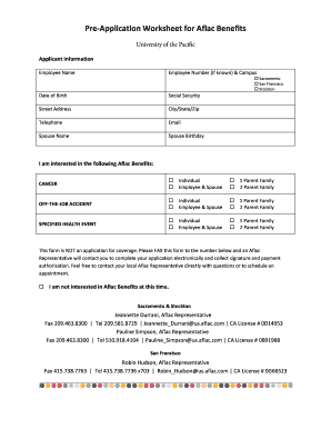 Aflac Benefits Pre-Application Worksheet