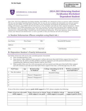 2014-2015 Returning Student Verification Worksheet