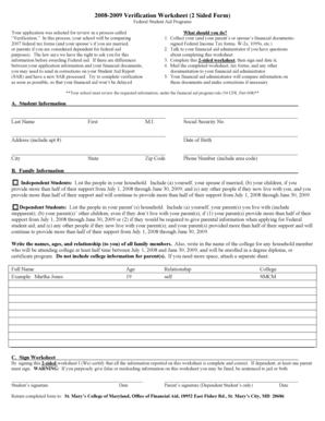 2008-2009 Verification Worksheet