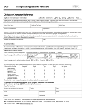 SAGU Undergraduate Application Character Reference
