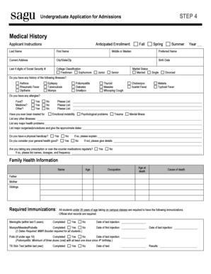 Undergraduate Application for Admissions Medical History