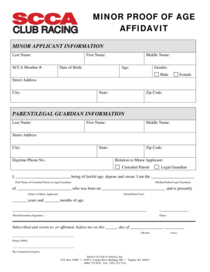 Minor Proof of Age Club Racing Affidavit