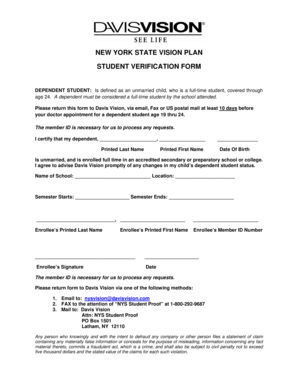 New York State Vision Plan Student Verification Form