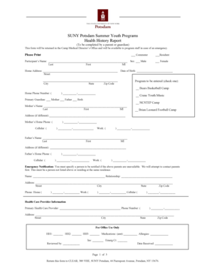 SUNY Potsdam Summer Youth Programs Health History Report