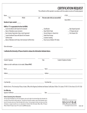 University of Texas Enrollment Certification Request