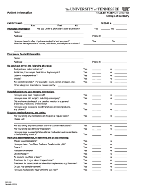 University of Tennessee Patient Information Form