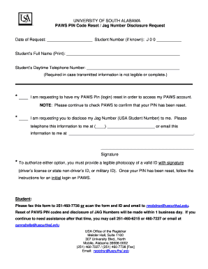University of South Alabama PAWS PIN Reset Request